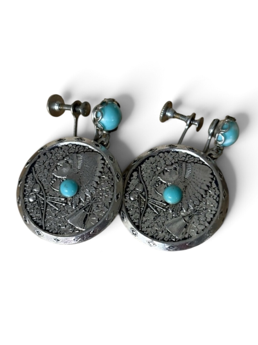 Sterling Silver Larimar Indian Head Native American Earrings